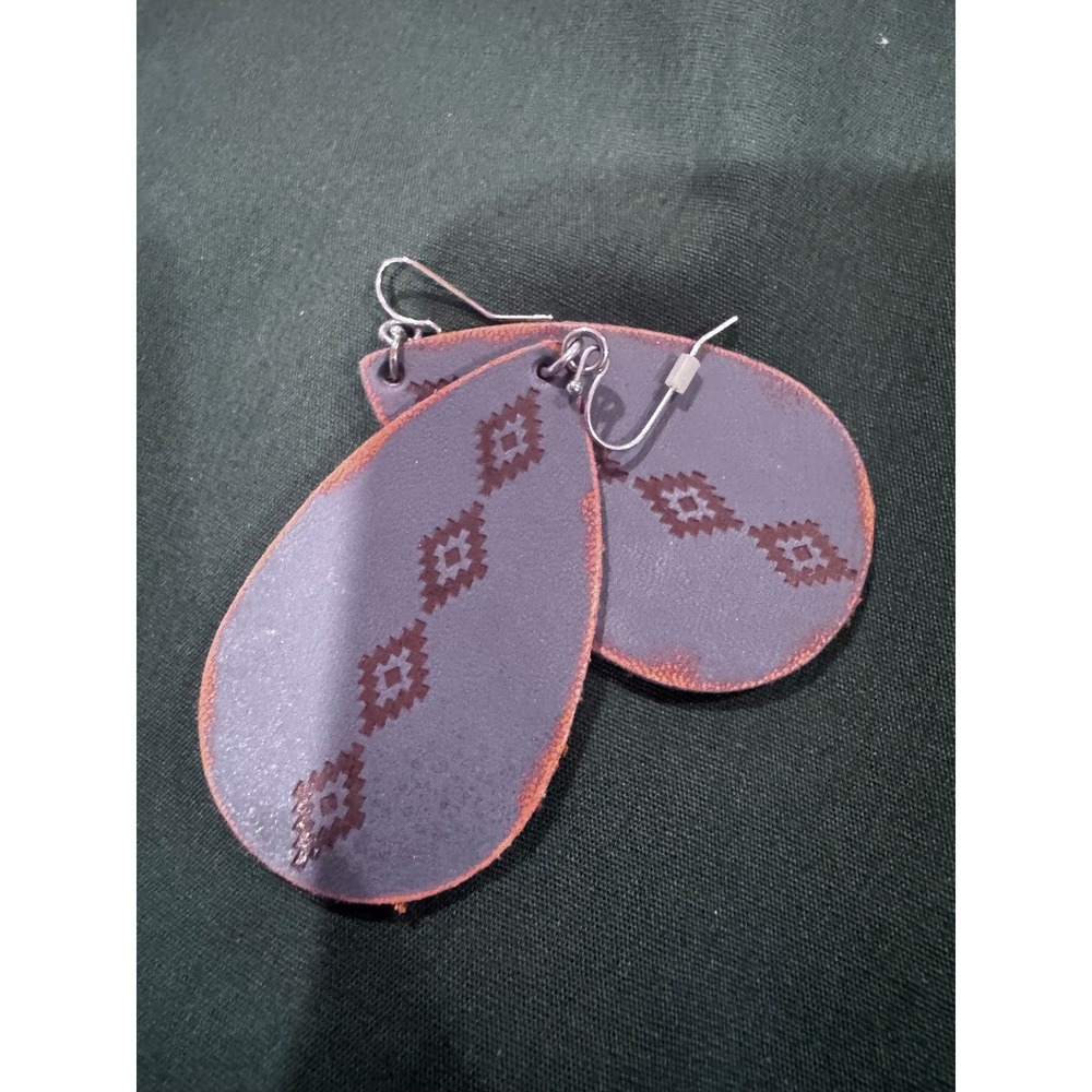 Southwestern Leather Teardrop Earrings Purple Grey Geometric Diamond Dangle